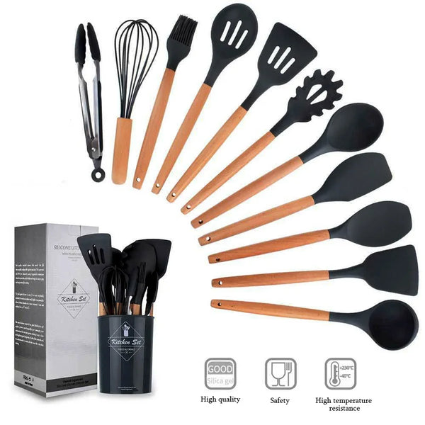 12-Piece Silicone Kitchen Utensil Set – Non-Stick Cooking Tools with Wooden Handles