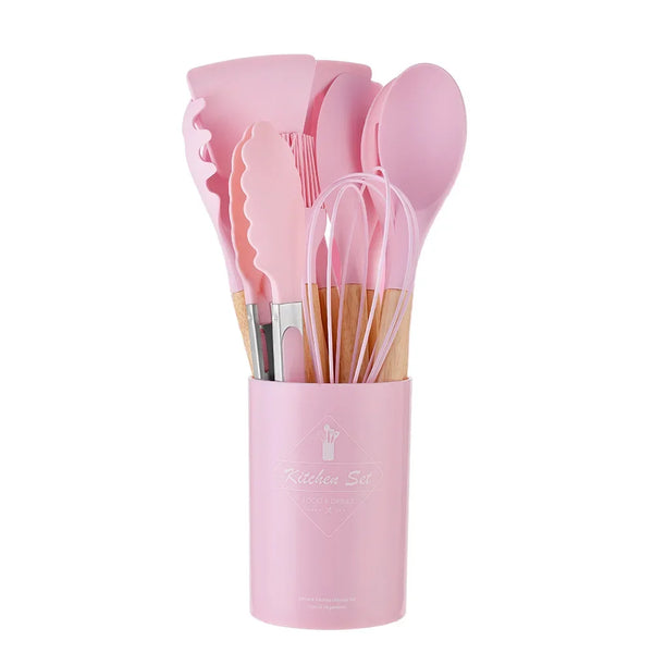12-Piece Silicone Kitchen Utensil Set – Non-Stick Cooking Tools with Wooden Handles