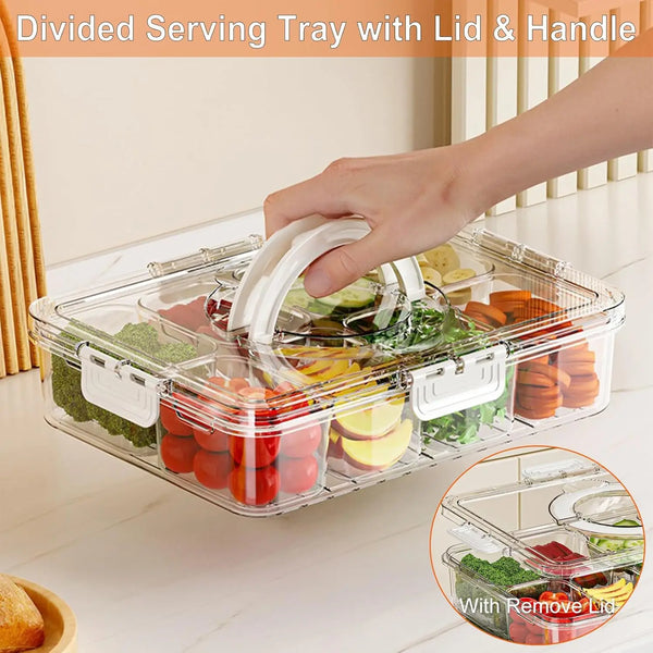 Divided Veggie & Snack Tray – Clear Lid with Handle