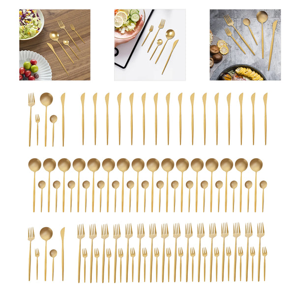 90-Piece Gold Stainless Steel Dinnerware Set – Forks, Knives & Spoons