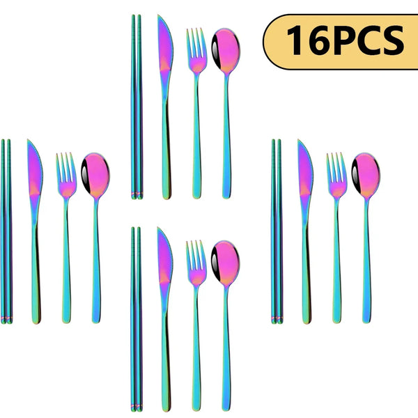 16-Piece Rainbow Stainless Steel Cutlery Set – Knives, Forks, Spoons & Chopsticks