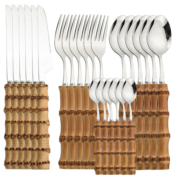 24-Piece Bamboo & Stainless Steel Cutlery Set – Natural Handle Flatware