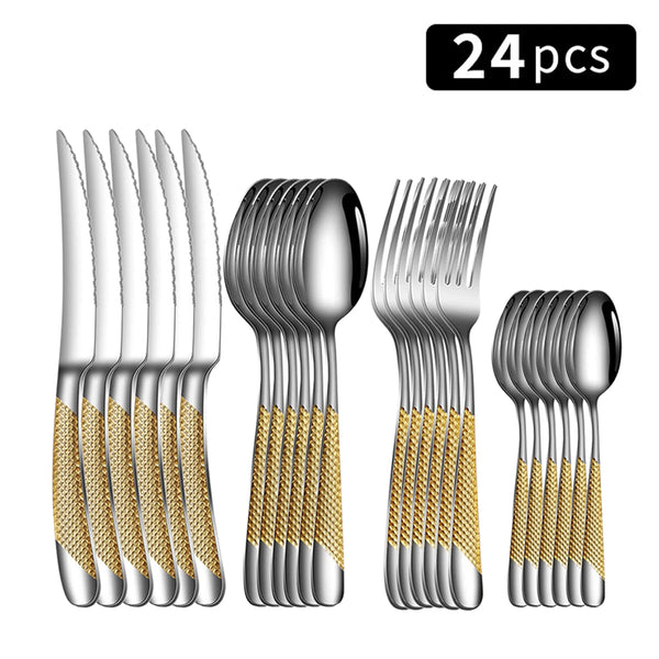 24-Piece Stainless Steel Tableware Set – Star Steak Knives & Family Cutlery