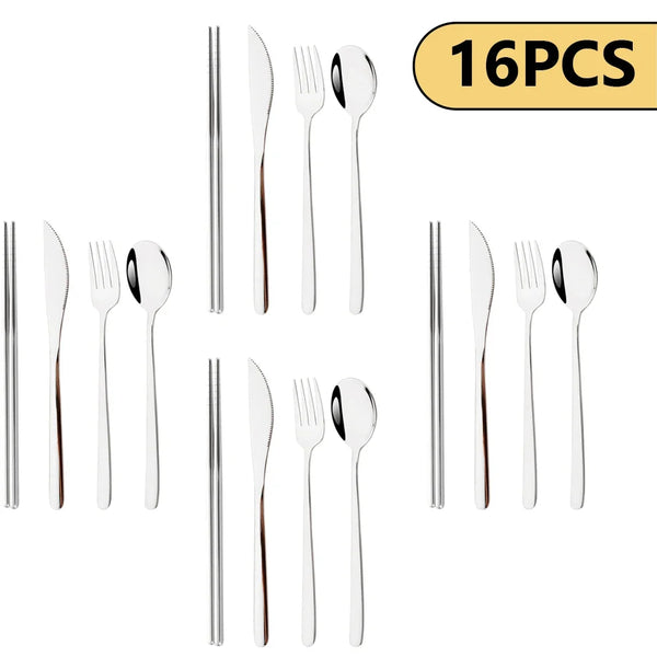 16-Piece Rainbow Stainless Steel Cutlery Set – Knives, Forks, Spoons & Chopsticks