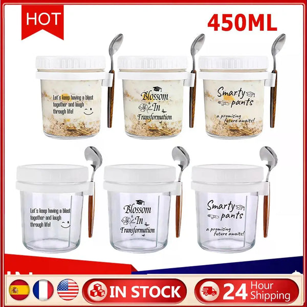Oatmeal & Breakfast Glass Jar – 12oz Wide-Mouth Cup with Lid & Spoon